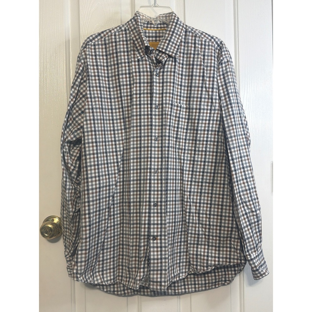 Robert Talbott Carmel Mens Large Brown White Check Cotton Button Down Shirt